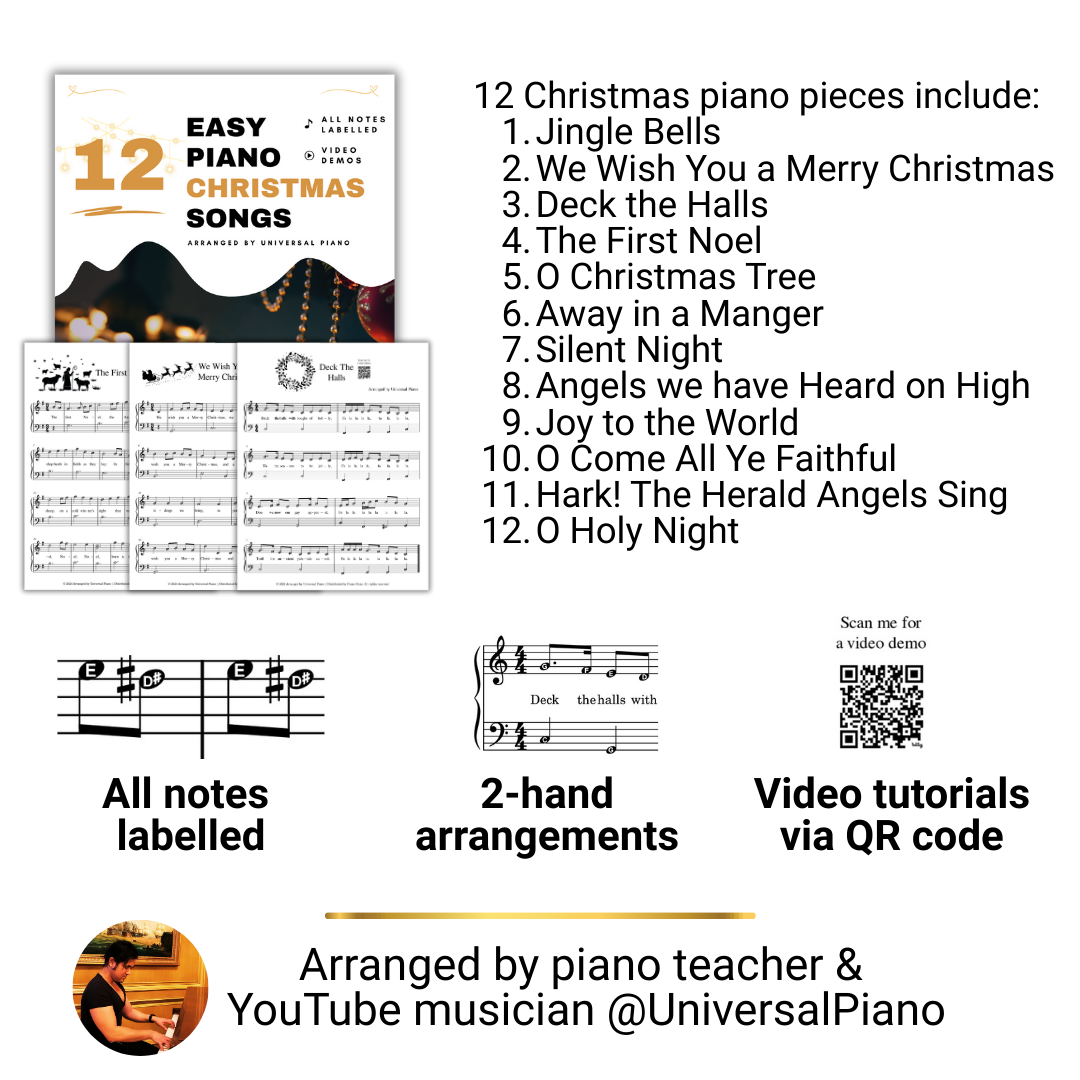 Sheet music for 12 Christmas piano pieces with a list of songs and promotional text. Learn to play piano. CHristmas songs.