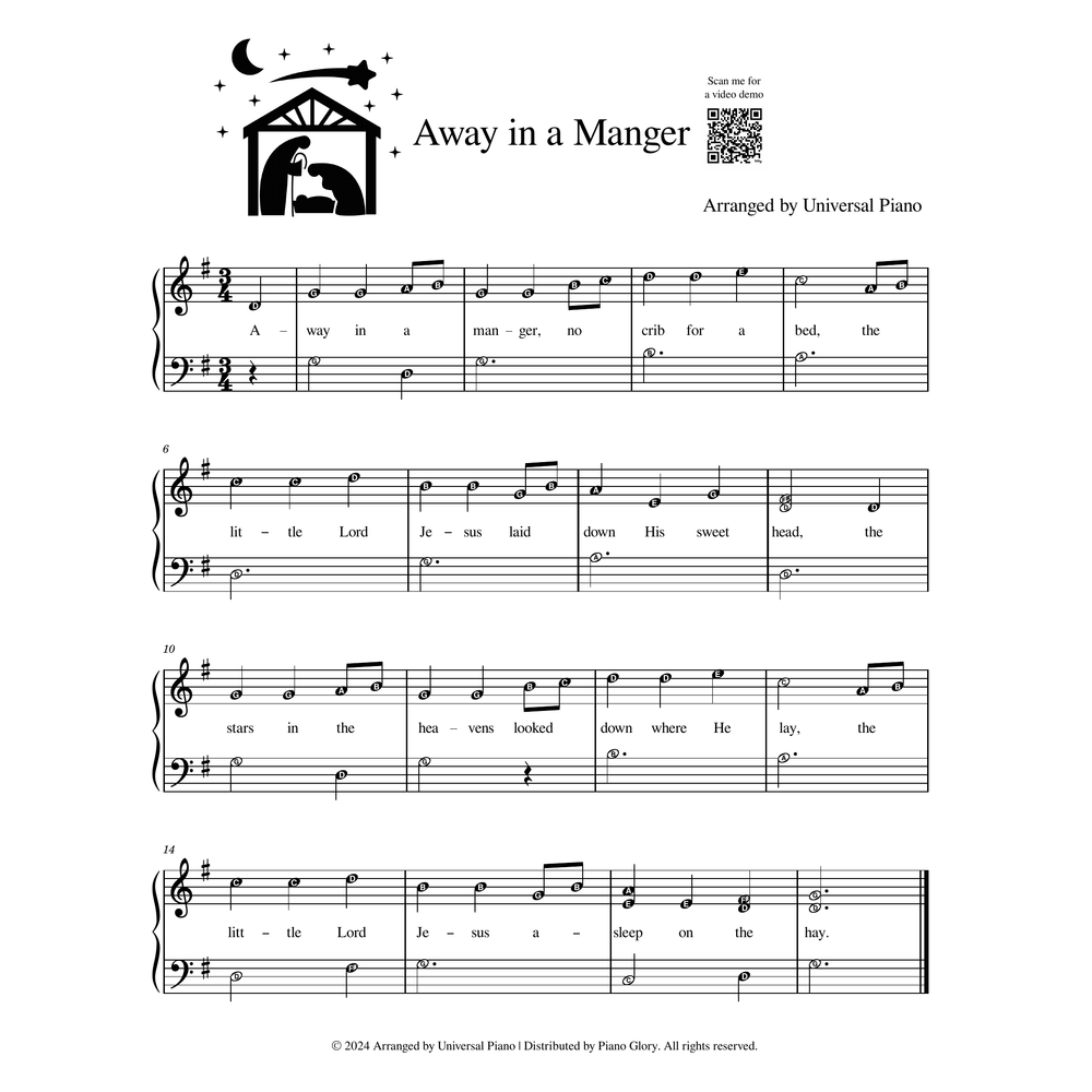 Away in a Manger piano sheet music with notes labelled on white background