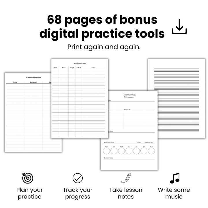 68 pages of printable piano practice tools with planners, progress trackers, lesson notes and music manuscript paper