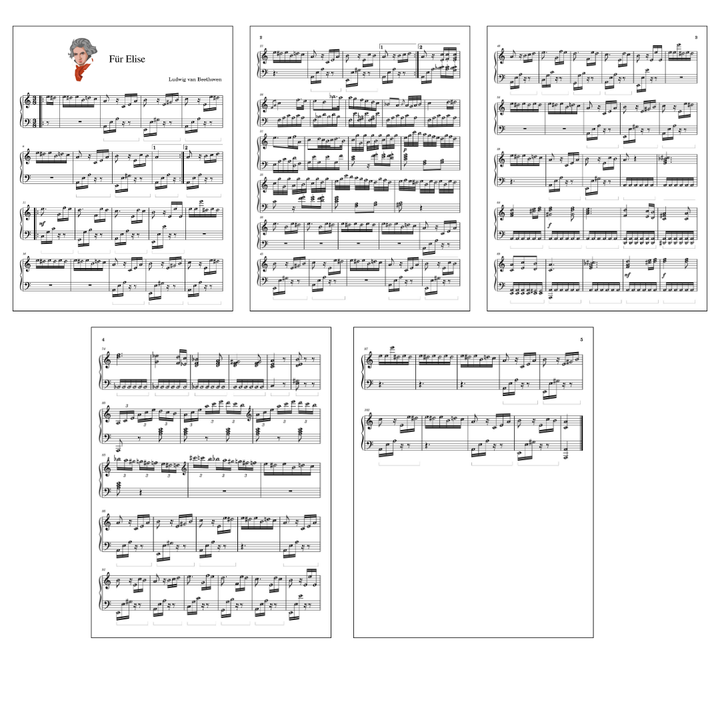 All pages of 'Für Elise' piano sheet music displayed on one screen, with labeled notes to help you learn to read notes more easily. The note labels guide you through the piece, making it simpler to play and practice with confidence