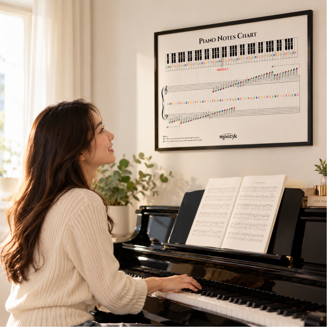 A woman sits at a black piano in a bright room, looking up at a framed piano notes chart hanging on the wall. The chart shows musical notes and staff lines, and sheet music is open on the piano.
