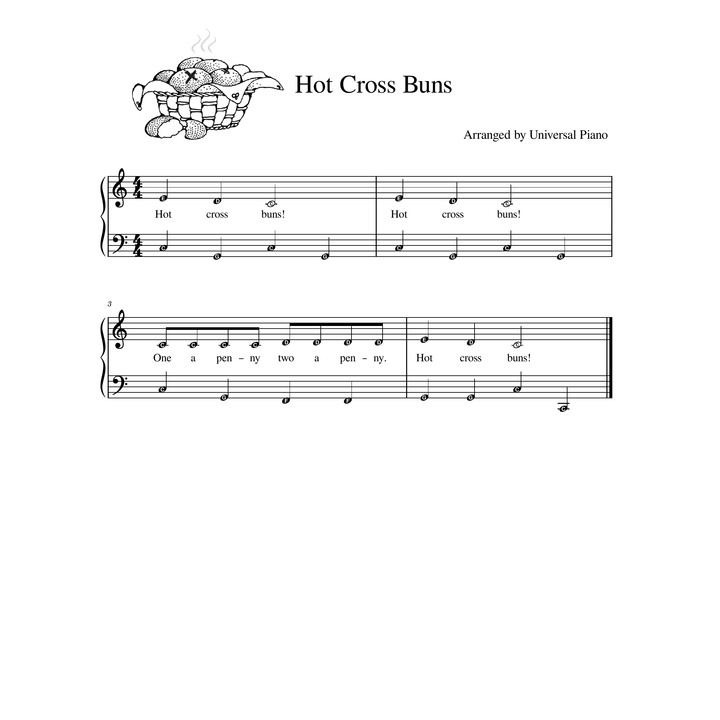 Sheet music page for the song 'Hot Cross Buns' with a black-and-white illustration of a basket of cross-shaped buns at the top, arranged by Universal Piano. The page shows a piano staff with lyrics and notation on a white background.
