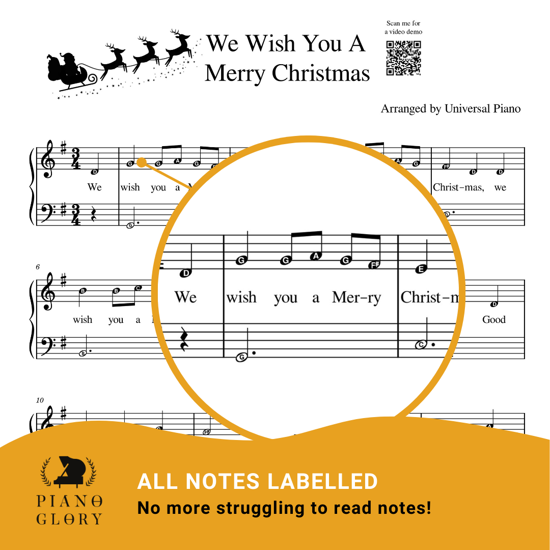 One page of We Wish You a Merry Christmas piano sheet music with notes labelled. This is piano sheet music of We Wish You a Merry Christmas on piano with a zoom in so you can see the letters inside notes. This is to help learn piano more easily and help to learn how to read notes.