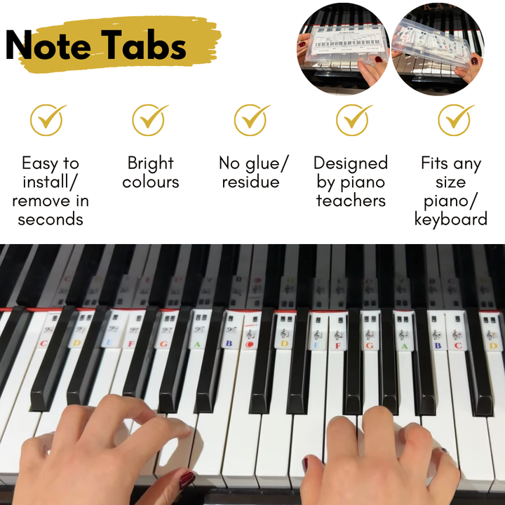 Girl playing piano with note tabs