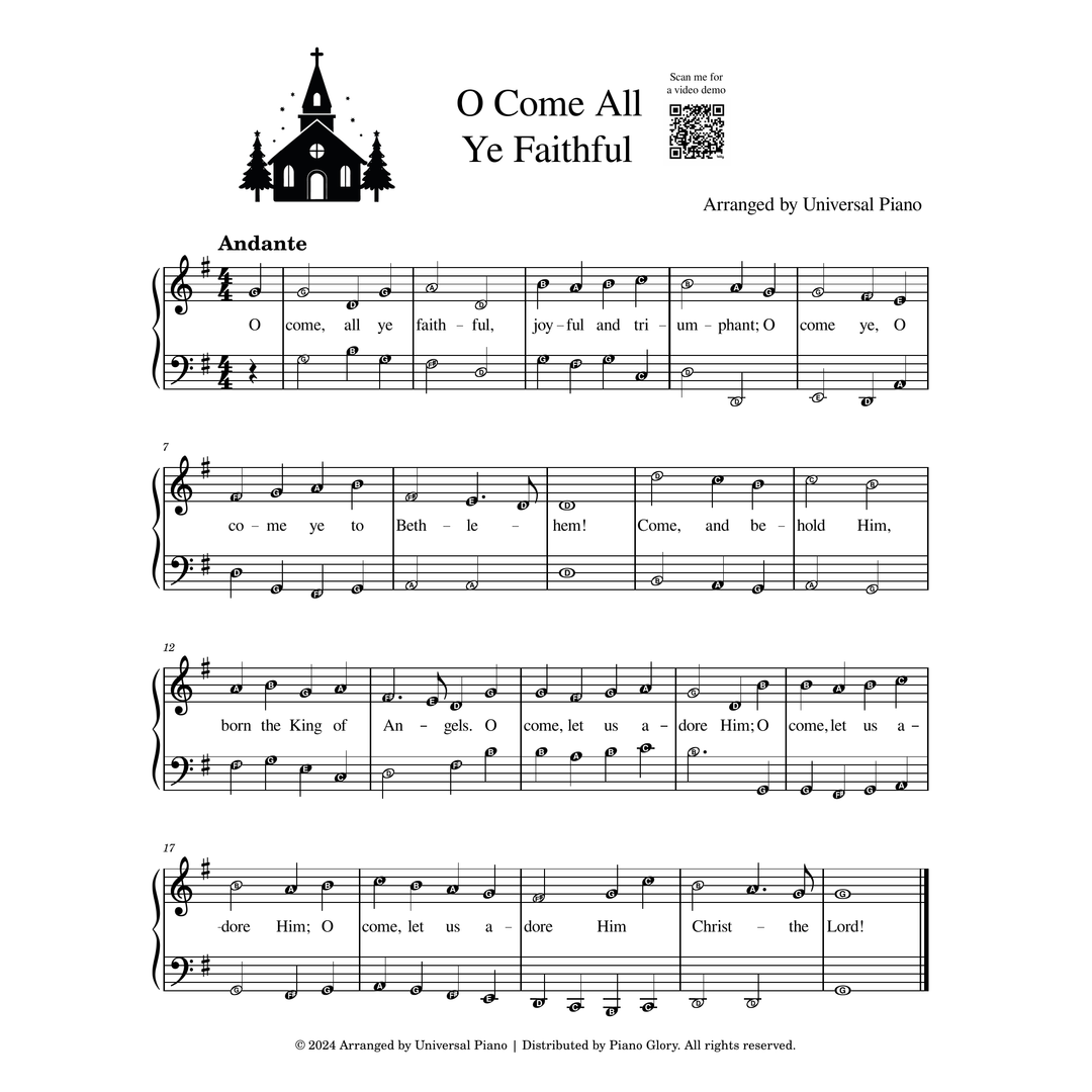 Sheet music page for the hymn 'O Come All Ye Faithful' with a black church icon, title text, arranger credit, a small QR code, and musical notation on a white background.