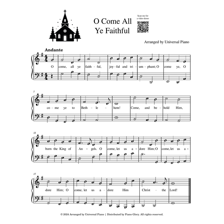 Sheet music page for the hymn 'O Come All Ye Faithful' with a black church icon, title text, arranger credit, a small QR code, and musical notation on a white background.