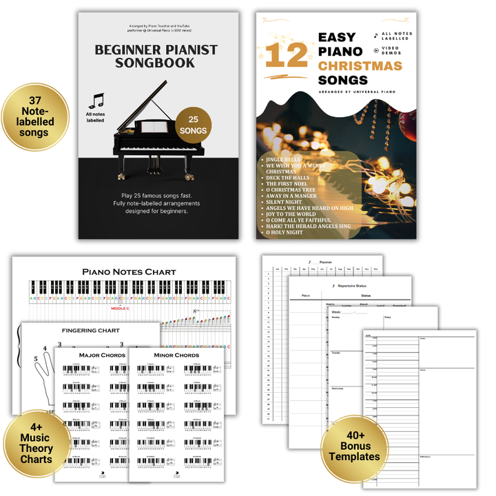 Collection of piano learning materials including songbooks and charts on a white background. Beginner Pianist Songbook with 25 songs, 12 Easy Piano Christmas Songs, pIano notes chart, fingering chart, major chords chart, minor chords chart, practice tracking template. Learn to play piano quickly and easily. All products on a white background.