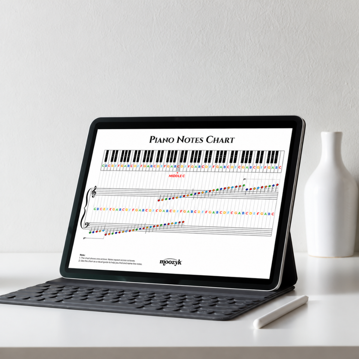 A tablet on a keyboard case displaying a piano notes chart, set on a white desk next to a white stylus and a white vase against a textured white wall.