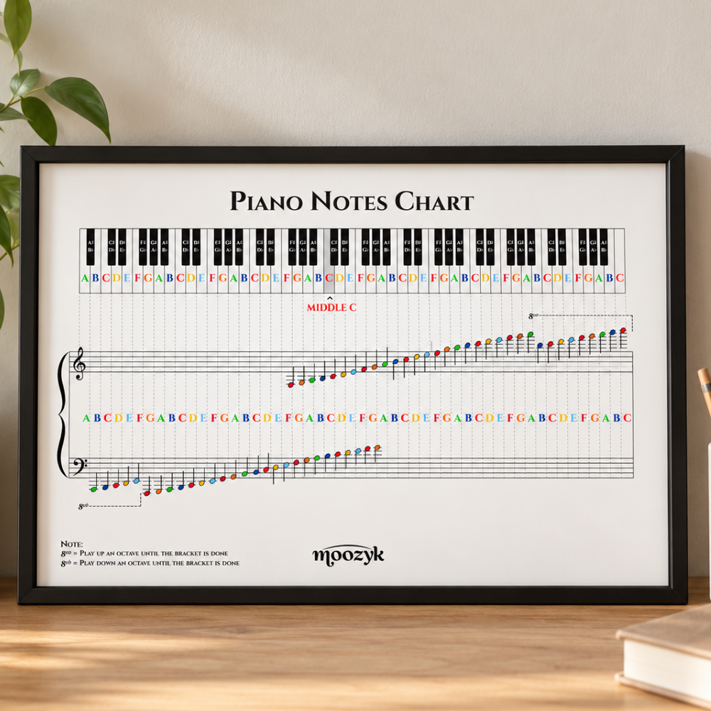 A framed piano notes chart print leaning on a wooden surface against a light beige wall, with a plant leaf at left and a book edge at right. The chart shows piano keys, a staff, keyboard names, and colored note positions with the brand name 'moozyk' at the bottom.