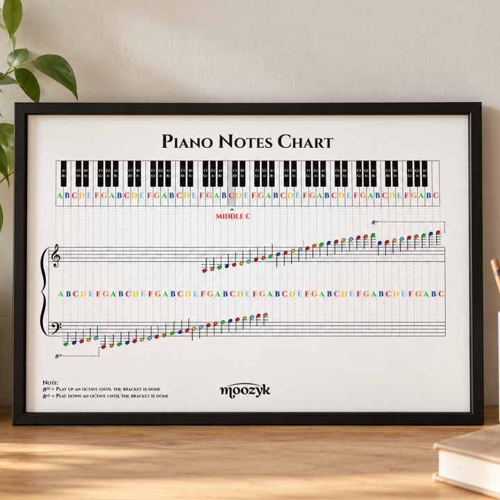 A framed piano notes chart print leaning on a wooden surface against a light beige wall, with a plant leaf at left and a book edge at right. The chart shows piano keys, a staff, keyboard names, and colored note positions with the brand name 'moozyk' at the bottom.