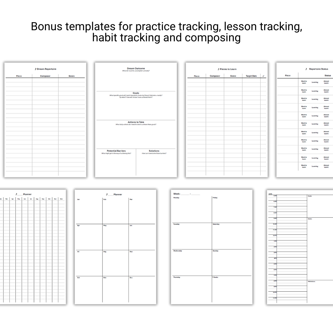 Set of practice tracking, lesson tracking, habit tracking, and composing templates on a white background.