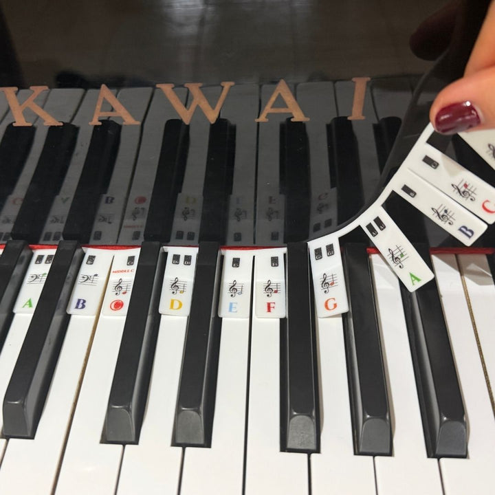 A close-up of a piano keyboard with small white instructional cards placed on the keys, and a hand holding a stack of similar cards. The word KAWAI is visible above the keys, indicating the Kawai brand.