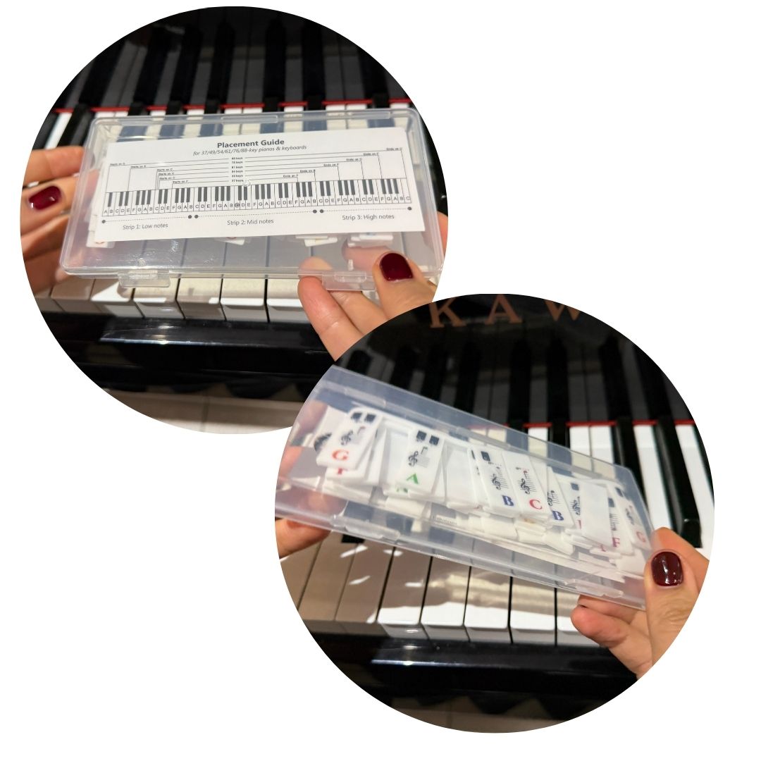 A clear plastic case containing piano solfege sheets and practice mallets, held in both hands in front of a piano keyboard. Two circular inset views show the product from different angles against a white background.