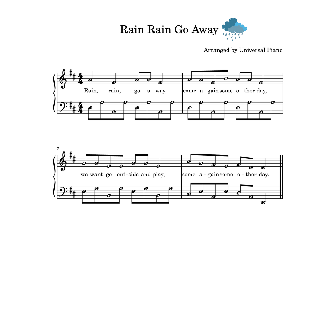 Sheet music page for the song 'Rain Rain Go Away' arranged for piano, with musical notation, lyrics, and a small blue rain cloud icon at the top on a white background.
