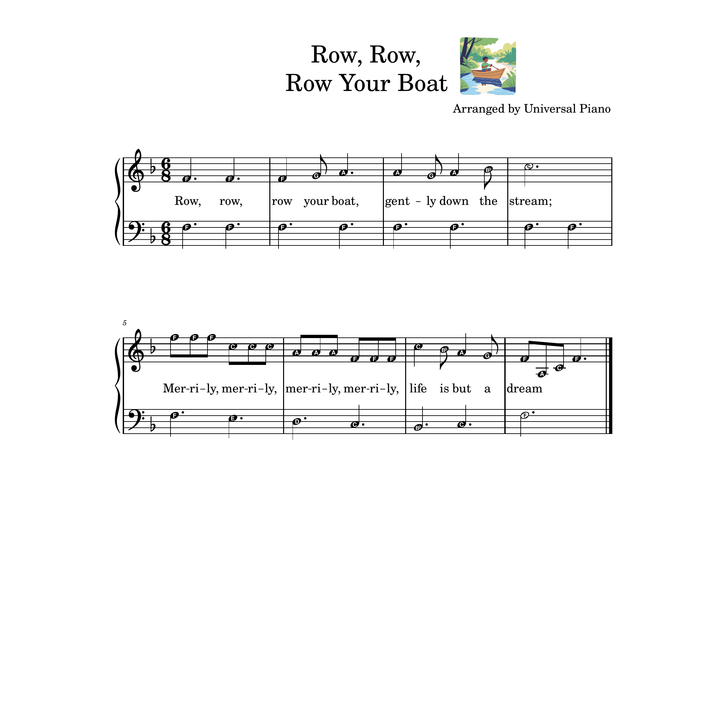 Sheet music page for the song 'Row, Row Your Boat' arranged by Universal Piano, showing the musical notation and lyrics on a white background.