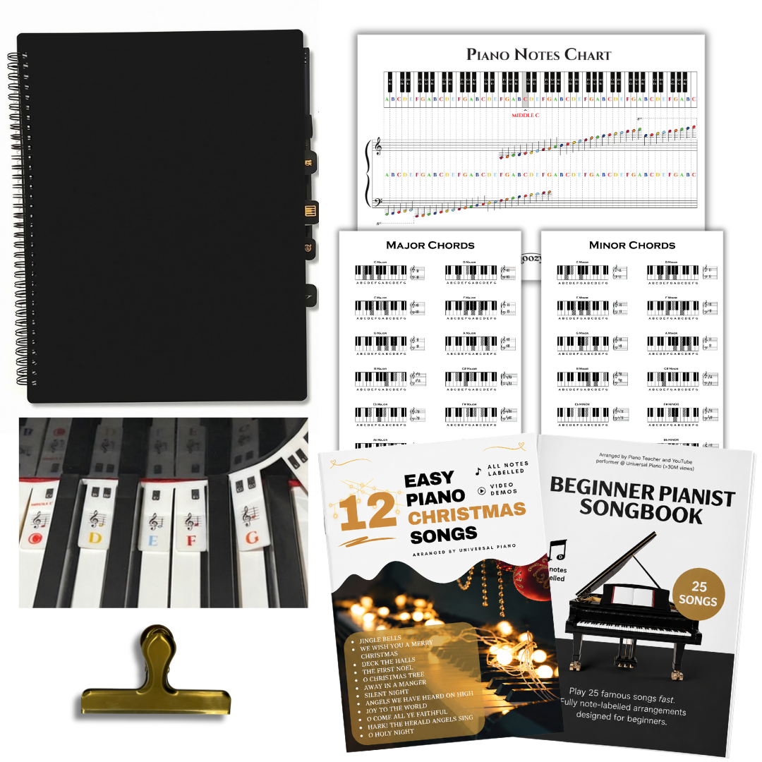 Moozyk Beginner Pianist Starter Kit with music folder, piano note labels, note and chord charts, songbooks and sheet music clip