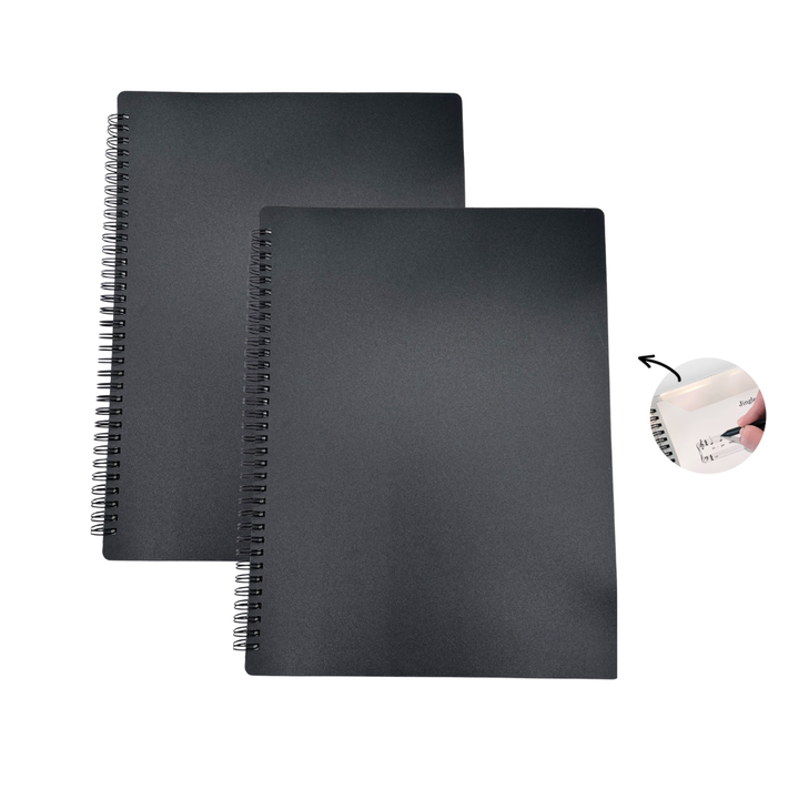 Two black spiral-bound music folders on a white background. Moozyk. No-glare