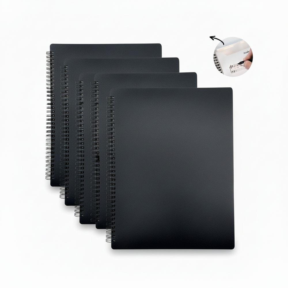 Two spiral-bound notebooks with a gold piano illustration on a white background. No-glare music folders.