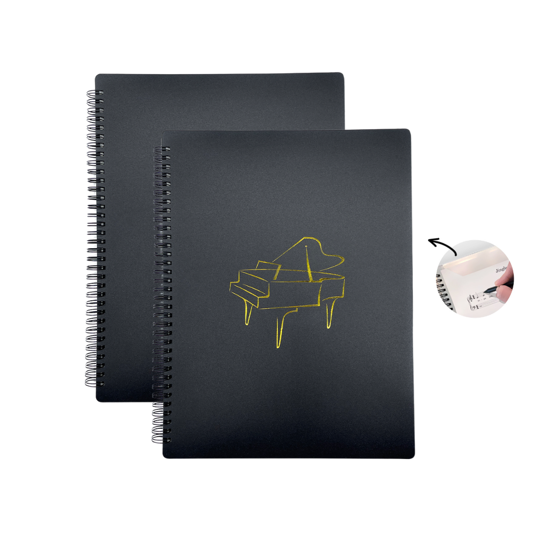 Two spiral-bound notebooks with a gold piano illustration on a white background. No-glare music folders.