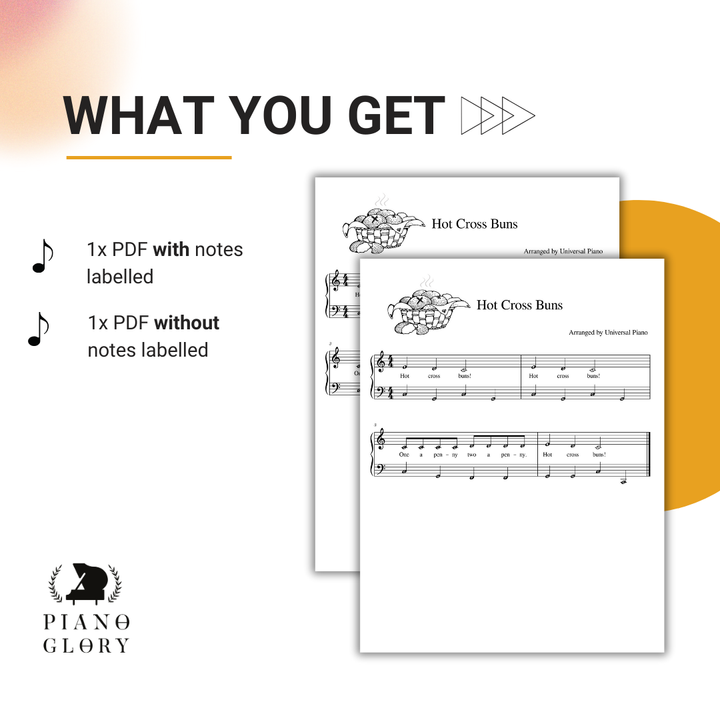You get an instant pdf with all notes labelled of hot cross buns, an instant pdf of hot cross buns on piano for beginners without notes labelled also, and QR code printed on sheet music for easy access to a video demonstratio